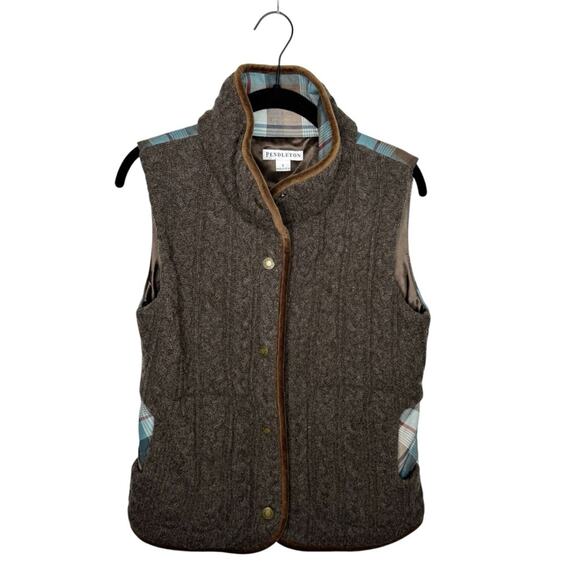 PENDLETON / brown blue plaid cable knit lambswool full zip vest jacket / S - Picture 1 of 9